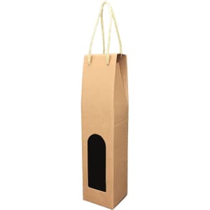 A drink bottle packaging in brown kraft paper with a rope handle and a black window for visibility.