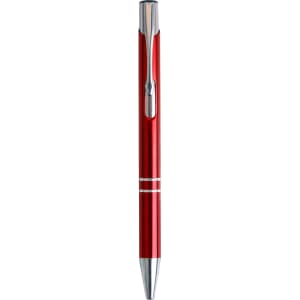 A red aluminium click pen with chrome accents and a clip. The pen features a sleek, modern design.