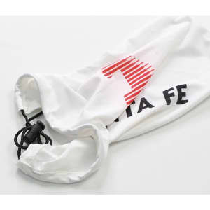 A white car mirror cover with a drawcord and a logo. It's designed for sedan vehicles.