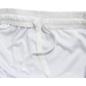 White polyester soccer shorts with a breathable lining and an elastic waistband featuring a drawstring.