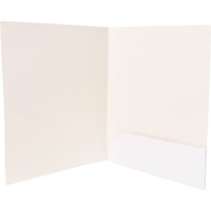 A4 presentation folder in plain white, featuring a side pocket for holding documents. Additionally includes a branding logo.