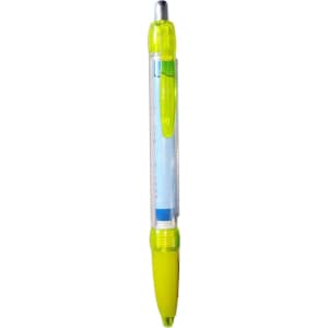 A plastic pen with a clear barrel, green and yellow accents, featuring a push-button mechanism.
