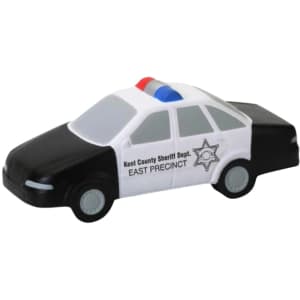 A black and white police car-shaped stress reliever with blue and red lights and a logo on the side.