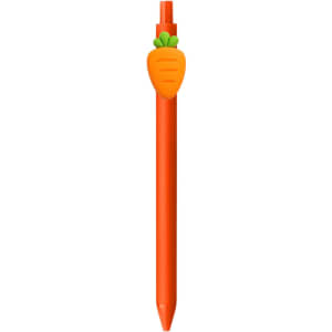 An orange pen featuring a carrot-shaped top and a green leafy attachment. It has a logo on the barrel.
