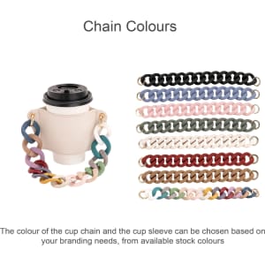A drink bottle holder in cream with a multi-coloured acrylic strap, accompanied by various strap colour options.