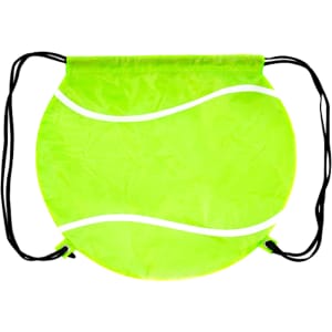 A ball-shaped drawstring backpack in bright green with white accents and black drawstrings, featuring a logo.