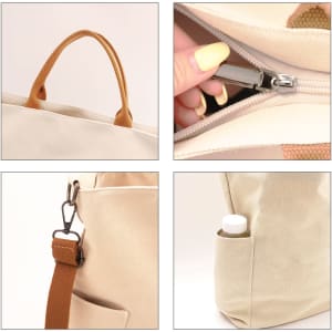A vintage style canvas bag in beige, featuring a zip closure, side pocket, and brown handles. It includes a logo.