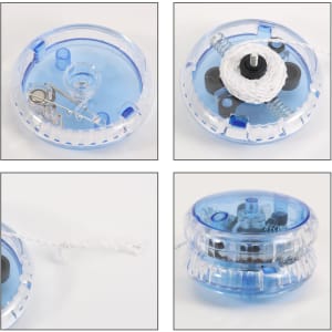 A light-up yoyo in transparent blue plastic with a white string and internal mechanisms visible. It features a logo.
