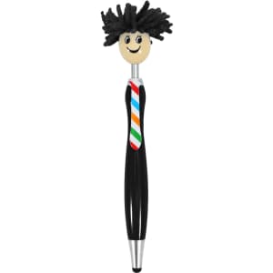 A black pen with a smiling character head and colourful tie, featuring a fuzzy black hairstyle.
