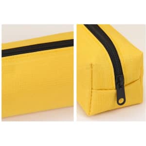 A yellow coloured pencil case featuring a textured finish and a black zip closure. It has a rectangular shape.
