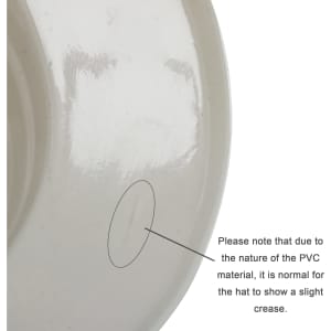 A PVC safari hat in a glossy white finish, featuring a slight crease due to the material, with a logo present.