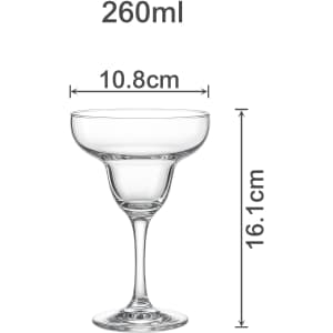 A clear glass Margarita glass with a capacity of 260ml and dimensions of 10.8cm wide by 16.1cm tall.