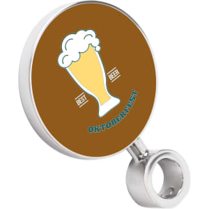 A round beer tap badge in brown and white, featuring a beer glass illustration and a holder.