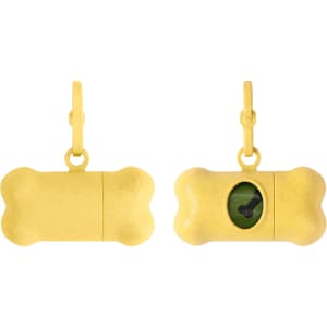 A yellow bone-shaped pet wastebag dispenser featuring a clip and a circular opening. It has a branding logo.