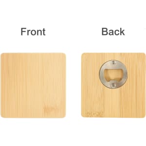 A square bamboo coaster features a bottle opener on the back. The front is smooth and plain, showcasing the bamboo colour.