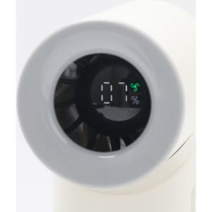 A high-speed portable handheld fan in white, featuring a circular front and a digital display.