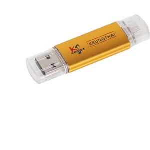 A gold and clear double-end flash drive with a logo and two USB connectors at each end.