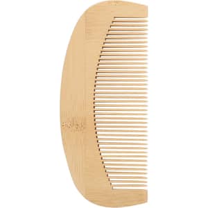 A bamboo small comb with a curved shape and fine and wide teeth, featuring a natural light brown finish.