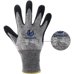 A grey and black cut resistant nitrile glove with a ribbed wrist, featuring a company logo.