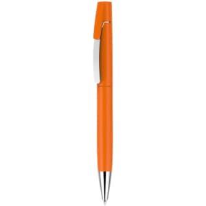 An orange pen with a silver clip, featuring a sleek design and a stylish look.