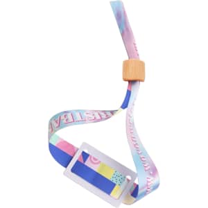 A multicoloured RPET fabric wristband featuring an RFID card and a wooden clasp, designed for events.