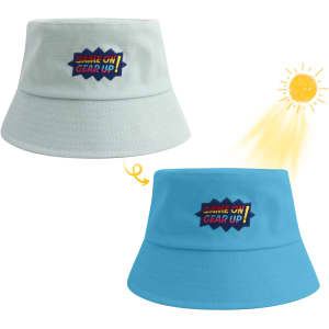 A colour changing bucket hat in light blue and darker blue with a logo on the front.