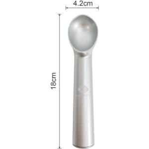 A silver ice cream scoop with a rounded head and a handle. Features a logo on the handle. Dimensions provided.