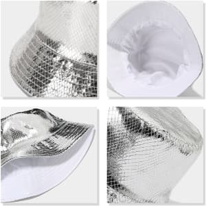 A shiny silver bucket hat with a glittering surface and a white interior, featuring an inner lining and brim.