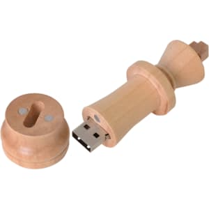 A wooden chess piece flash drive in a light colour, featuring a removable cap and a metallic USB connector.