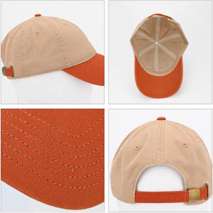 A solid beige and orange fashion cap with a rounded brim and adjustable strap, featuring a logo.