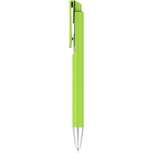 A lime green plastic pen with a metallic silver tip and a clip on the side. It features a logo.