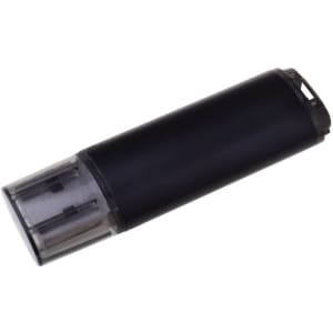 A black flash drive with a transparent end, featuring a logo and a sleek design for easy portability.