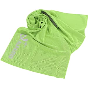 A green cooling towel made of mesh fabric, featuring a logo. Perfect for leisure and outdoor activities.
