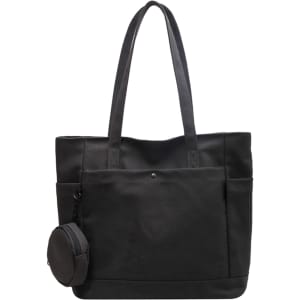 A black casual canvas bag with long handles and a small detachable pouch on the side.