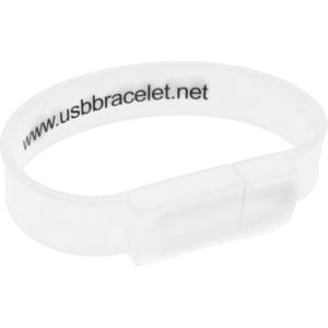 A clear rectangular silicone wristband flash drive with a clasp and a logo inside.