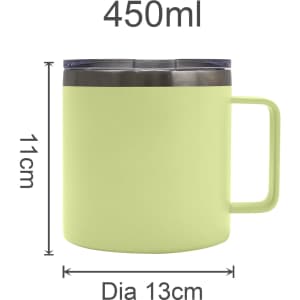A recycled stainless steel coffee cup in light green with a handle, featuring dimensions for capacity and size.