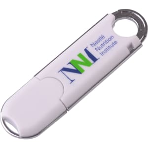 A white O-ring flash drive with a metallic clip and a logo on one side.