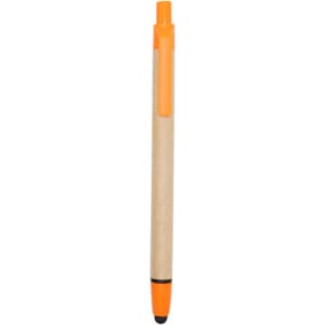 A stylus pen with a brown paper barrel and orange accents, featuring a touch head for screen use.