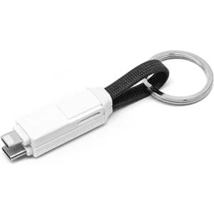 A white 60W 3-In-1 ABS charging cable with a black strap and keyring attachment.