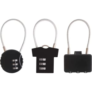 A collection of three black coded locks with various shapes and designs, including a disc, a T-shirt, and a rectangular lock.