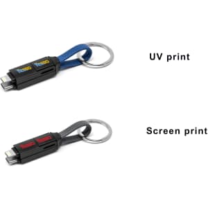 A 60W 3-in-1 ABS charging cable in black with a blue strap and keyring attachment, featuring two print options.