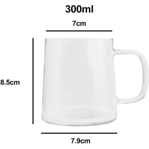 A clear glass mug with a handle, measuring 300ml, 7cm in diameter, and 8.5cm tall. Features a logo.
