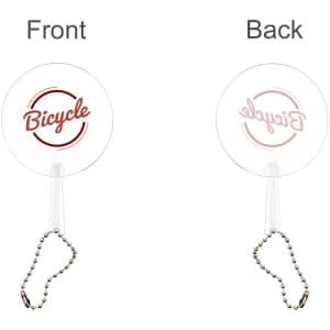 A mini PVC hand fan in clear colour, featuring a keychain and a logo on one side.