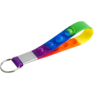 A colourful popper stress reliever keyring with green, purple, red, and orange segments, featuring a metal keyring attachment.