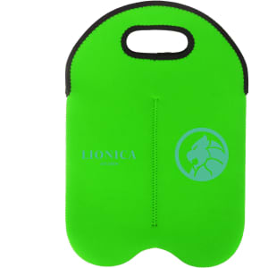 A green Twin Bottle Wine Cooler with a handle and a logo. It features a sleek, insulated design for beverage storage.