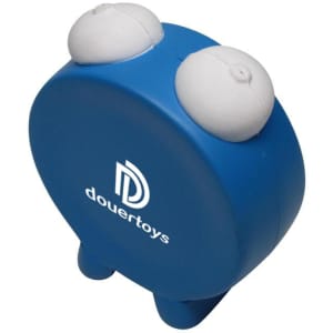 A blue alarm clock shape stress reliever with white knobs on top and a branding logo on the side.