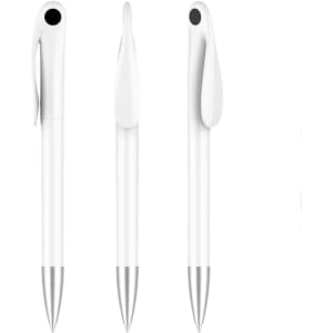 A set of three creamy white plastic pens with silver accents and a clip. The pens have a sleek, modern design.