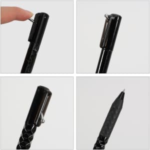 A black plastic pen with a textured design, featuring a retractable tip and a clip. It includes a logo.