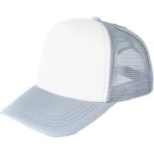 A trucker cap featuring a white front panel and grey mesh back. It has a curved brim and adjustable strap.