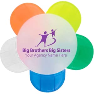 A five-colour highlighter shaped like a flower, featuring orange, yellow, green, blue, and white segments, with a logo in the centre.